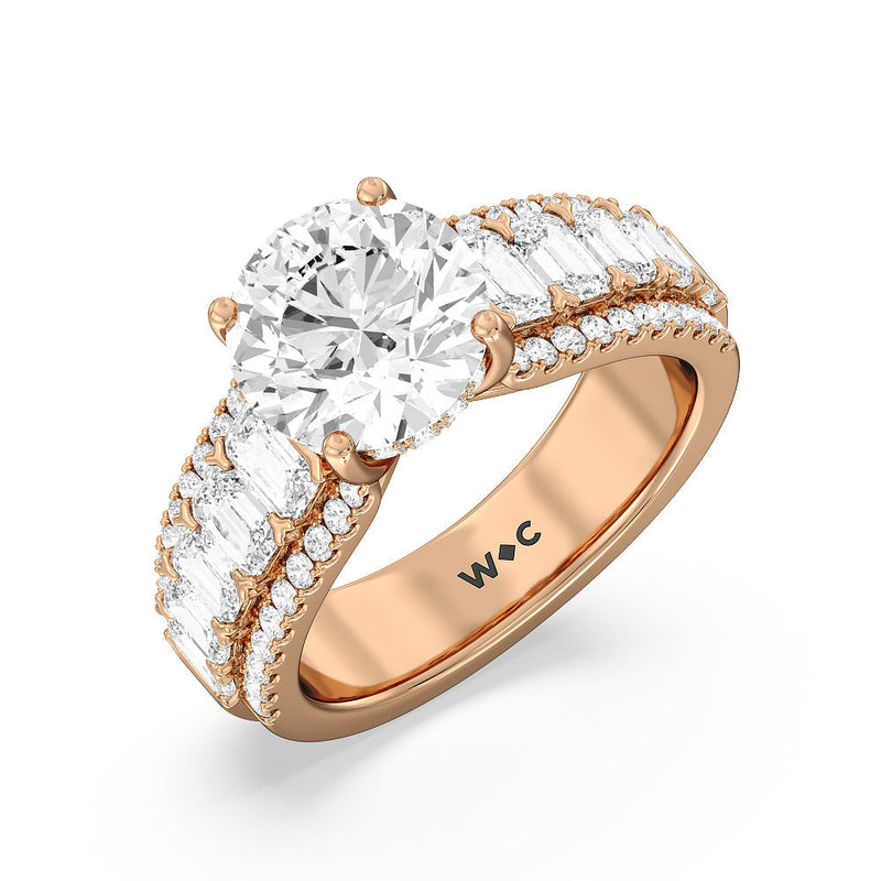 Emerald Side Stone Broad Band Hidden Halo Engagement Ring