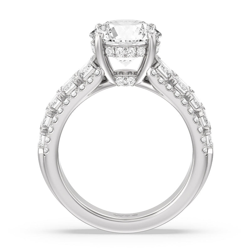Emerald Side Stone Broad Band Hidden Halo Engagement Ring