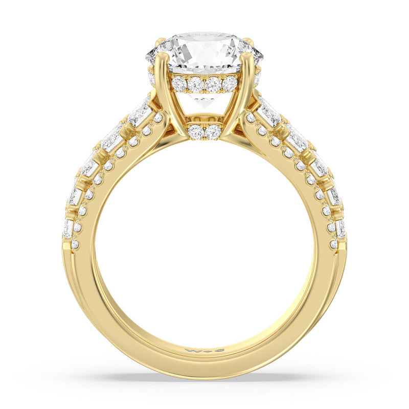 Emerald Side Stone Broad Band Hidden Halo Engagement Ring