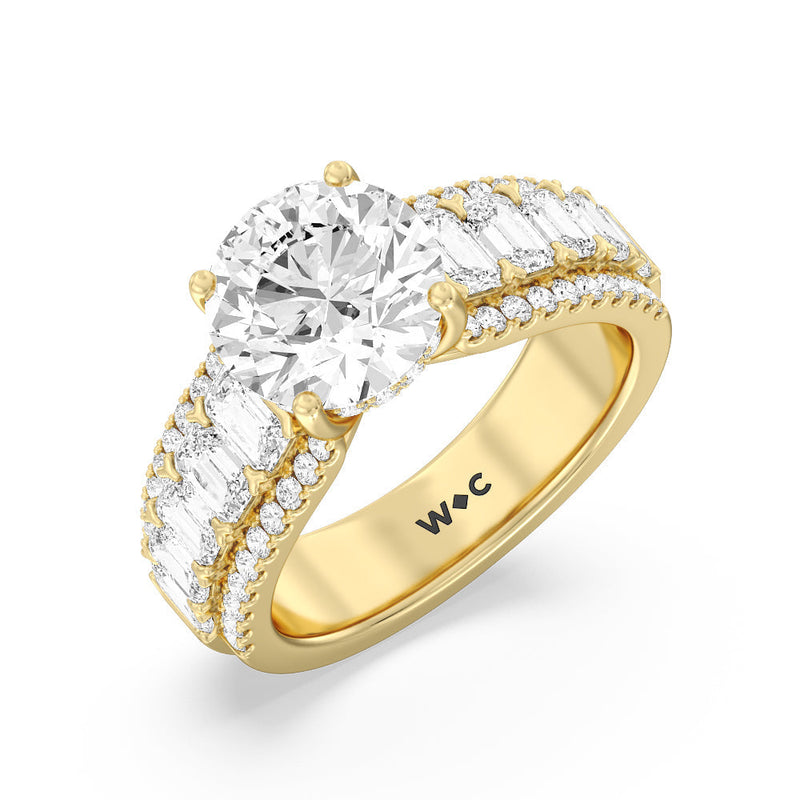 Emerald Side Stone Broad Band Hidden Halo Engagement Ring