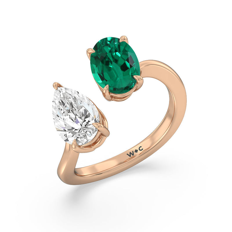 Toi et Moi Created Emerald Oval and Pear Diamond Curved Engagement Ring