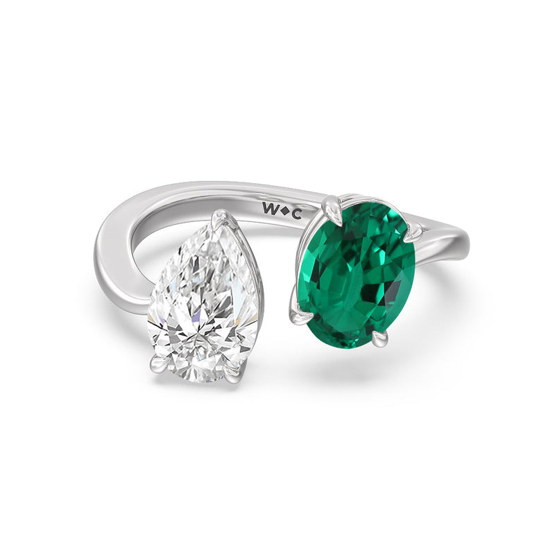 Toi et Moi Created Emerald Oval and Pear Diamond Curved Engagement Ring