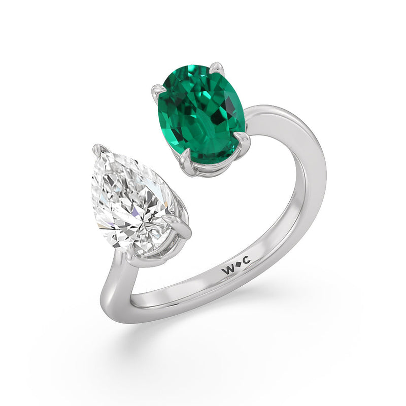 Toi et Moi Created Emerald Oval and Pear Diamond Curved Engagement Ring