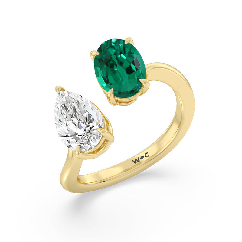 Toi et Moi Created Emerald Oval and Pear Diamond Curved Engagement Ring