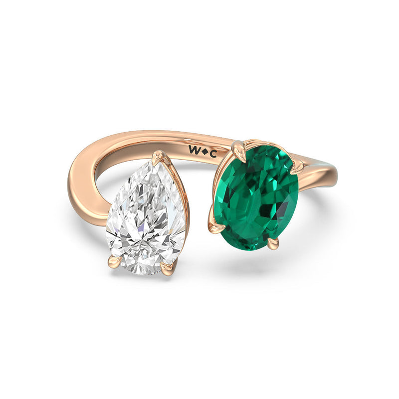 Toi et Moi Created Emerald Oval and Pear Diamond Curved Engagement Ring