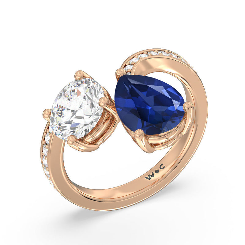 Toi et Moi Created Sapphire pear and round Diamond Engagement Ring