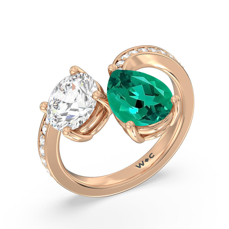 Toi et Moi Created Emerald pear and round Diamond Engagement Ring