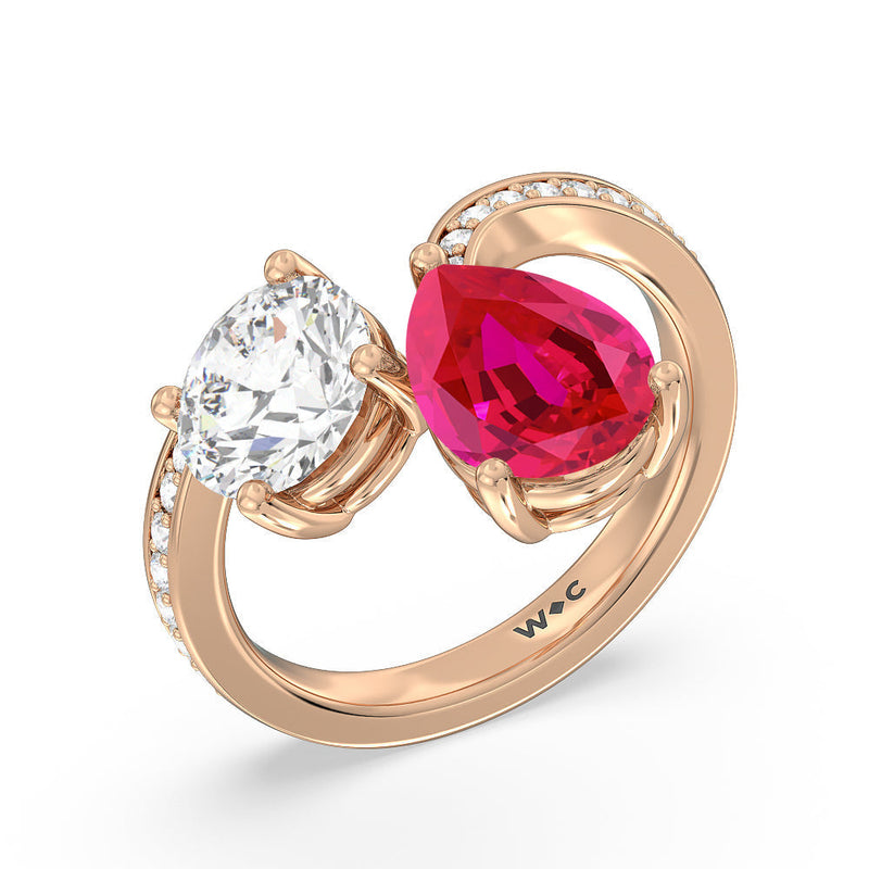 Toi et Moi Created Ruby pear and round Diamond Engagement Ring