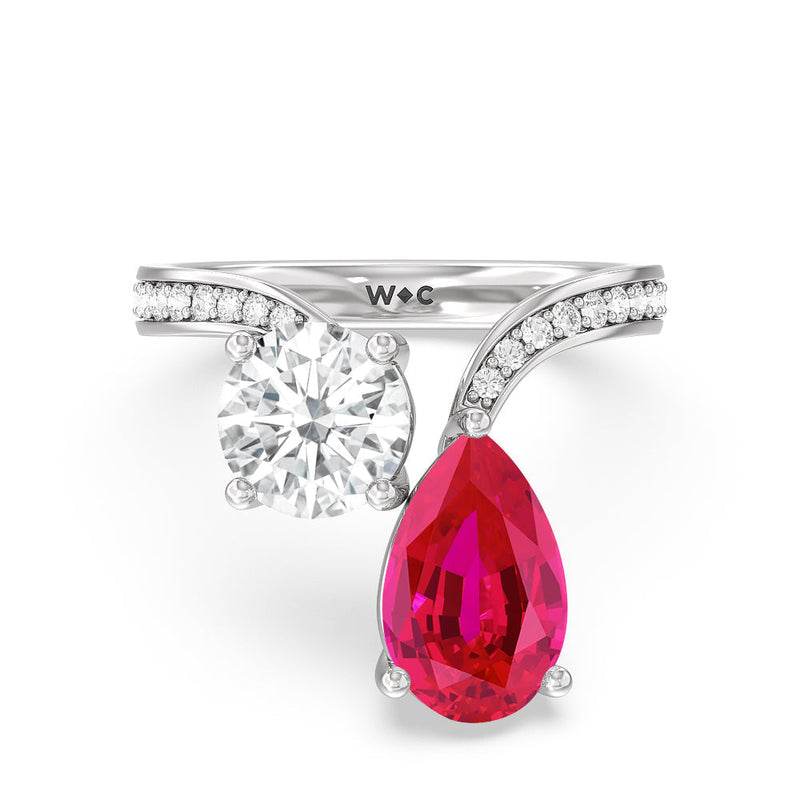 Toi et Moi Created Ruby pear and round Diamond Engagement Ring