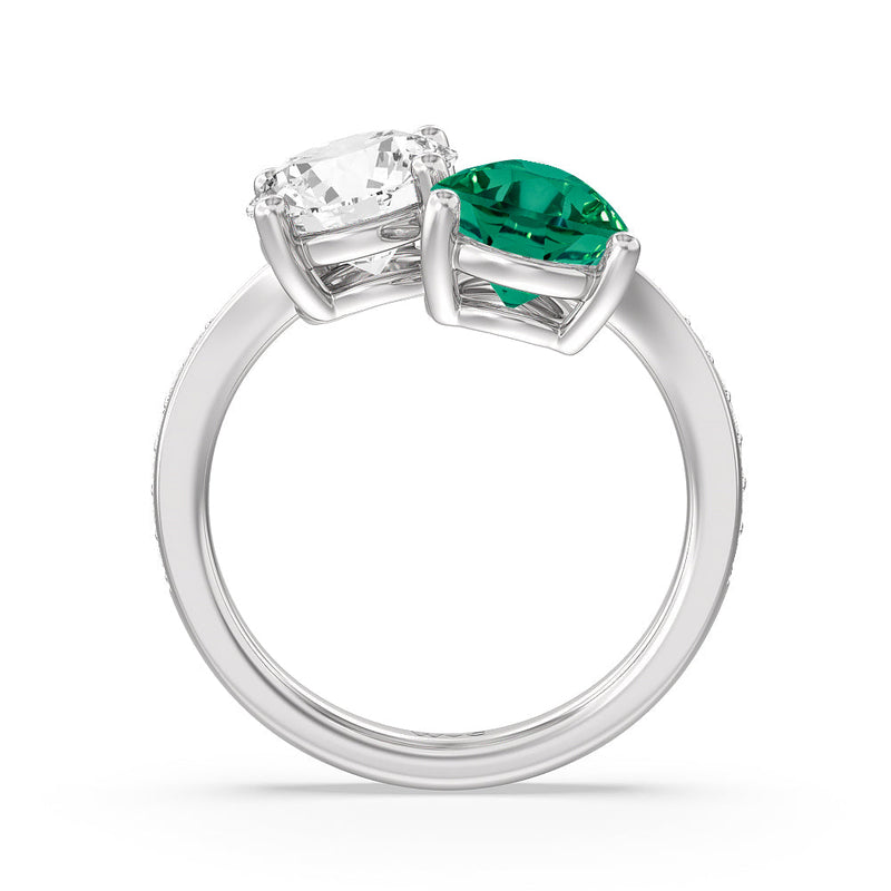 Toi et Moi Created Emerald pear and round Diamond Engagement Ring