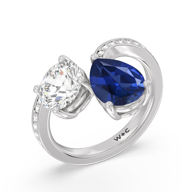 Toi et Moi Created Sapphire pear and round Diamond Engagement Ring