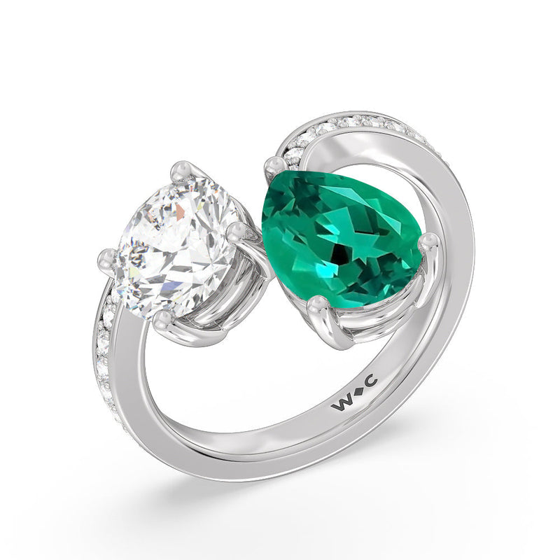 Toi et Moi Created Emerald pear and round Diamond Engagement Ring
