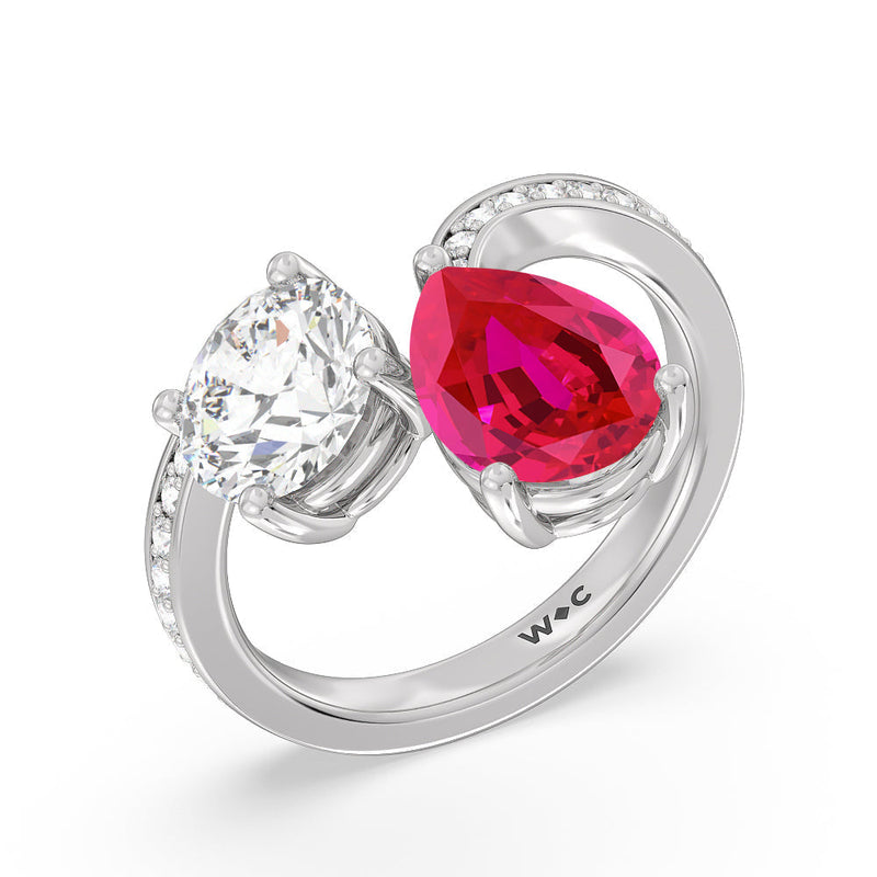 Toi et Moi Created Ruby pear and round Diamond Engagement Ring
