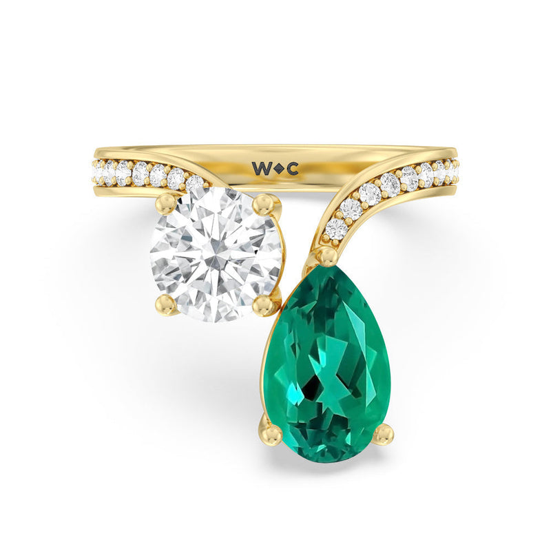 Toi et Moi Created Emerald pear and round Diamond Engagement Ring