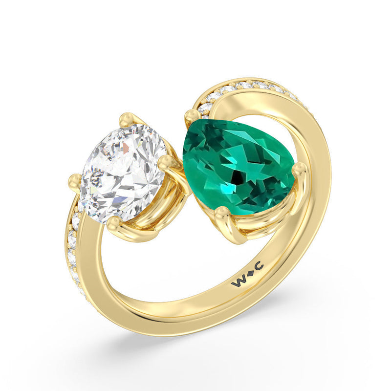 Toi et Moi Created Emerald pear and round Diamond Engagement Ring