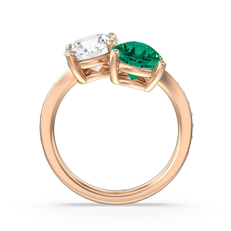 Toi et Moi Created Emerald pear and round Diamond Engagement Ring