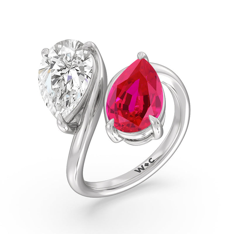 Toi et Moi Created Ruby and Lab Diamond Bypass Engagement Ring