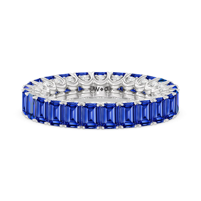 Created Sapphire Emerald Split Prong Basket Eternity Ring