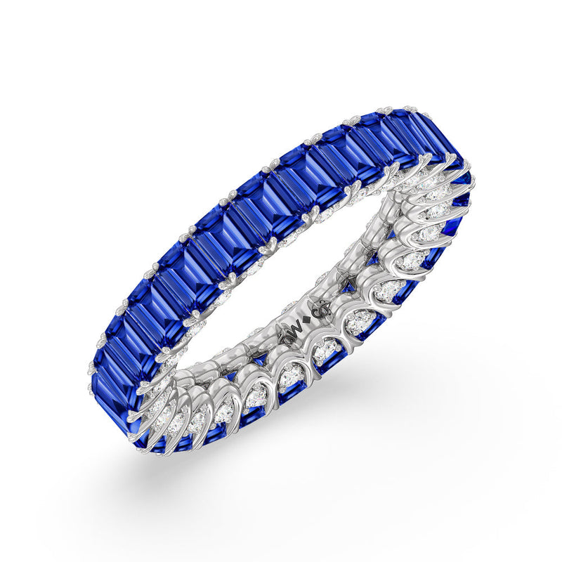 Created Sapphire Emerald Split Prong Basket Eternity Ring