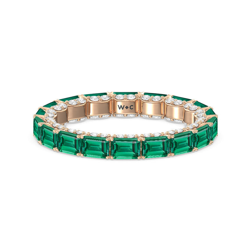 East-West Created Emerald Split Prong Studded Gallery Eternity Ring