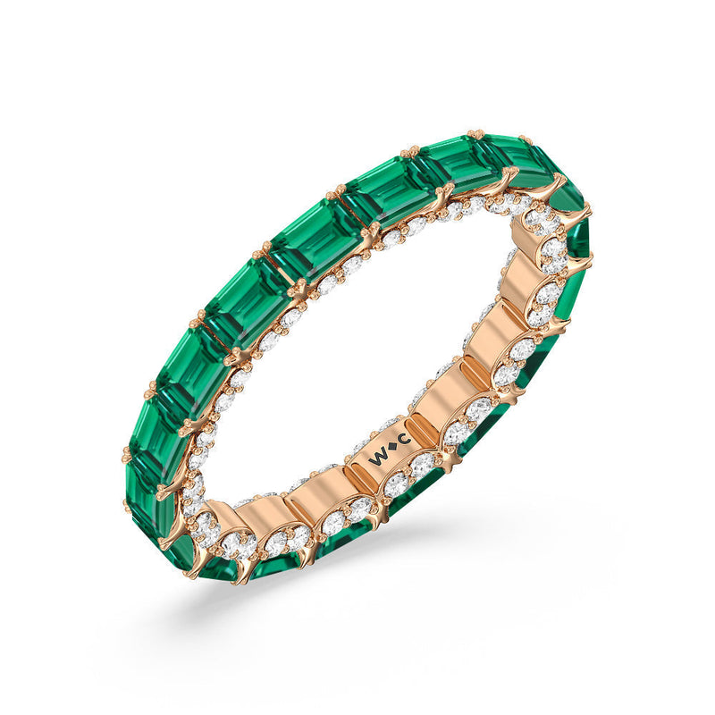 East-West Created Emerald Split Prong Studded Gallery Eternity Ring