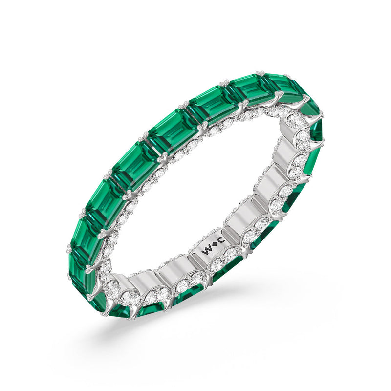 East-West Created Emerald Split Prong Studded Gallery Eternity Ring