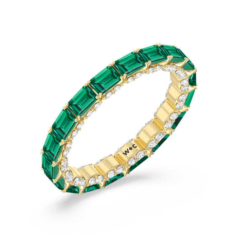 East-West Created Emerald Split Prong Studded Gallery Eternity Ring