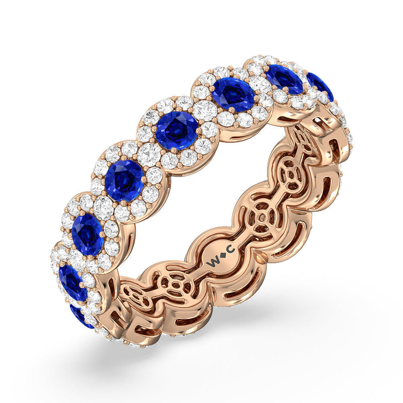 Created Sapphire Round Halo Eternity Ring