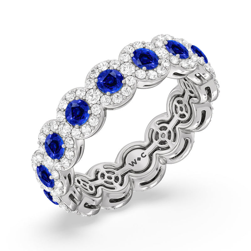 Created Sapphire Round Halo Eternity Ring