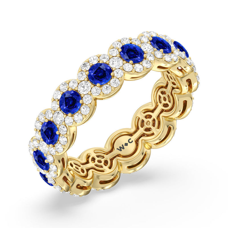 Created Sapphire Round Halo Eternity Ring