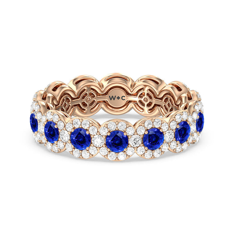 Created Sapphire Round Halo Eternity Ring