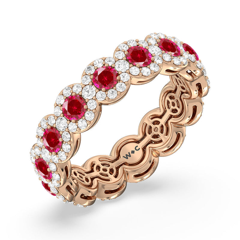 Created Ruby Round Halo Eternity Ring