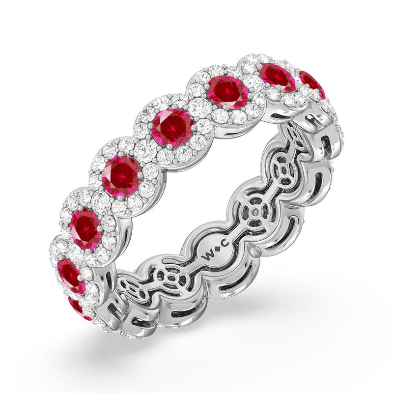 Created Ruby Round Halo Eternity Ring