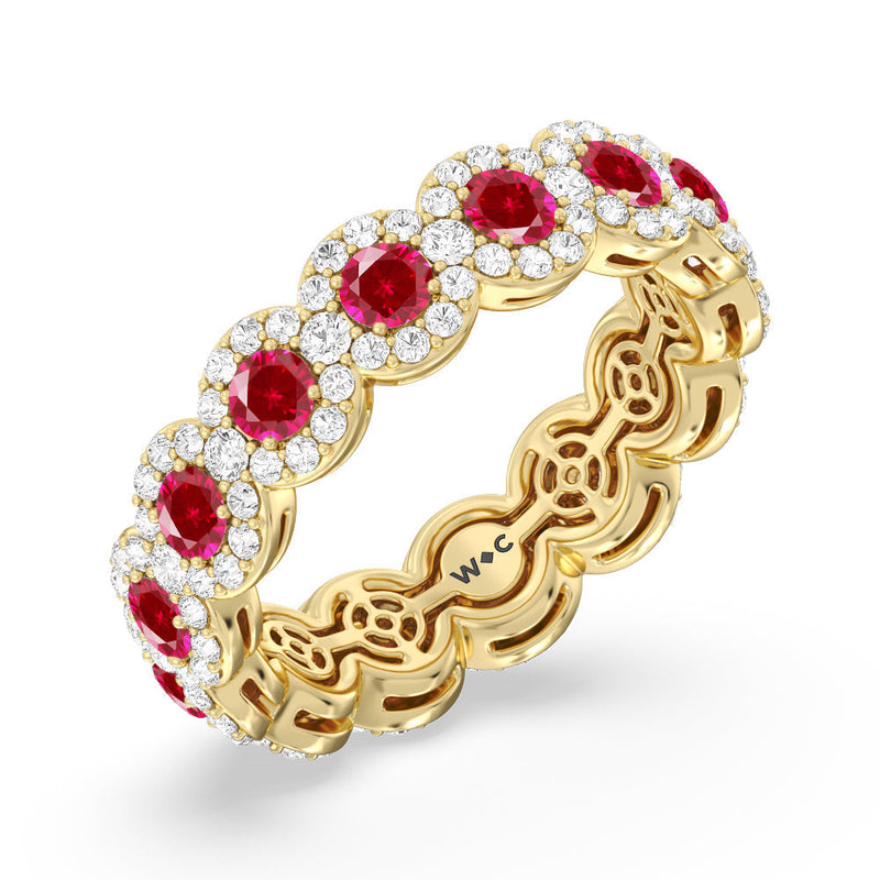 Created Ruby Round Halo Eternity Ring