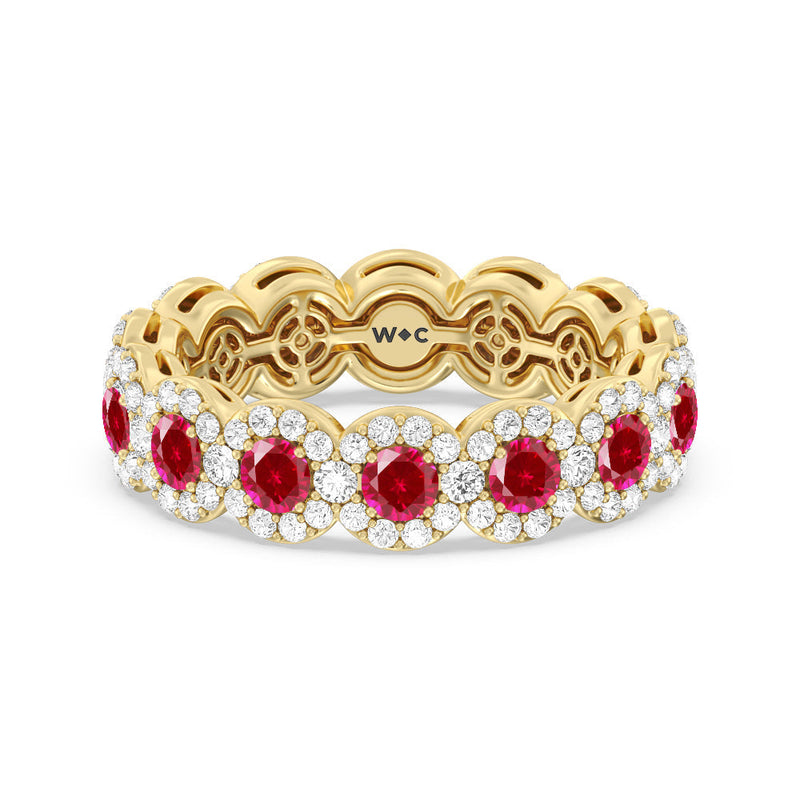 Created Ruby Round Halo Eternity Ring