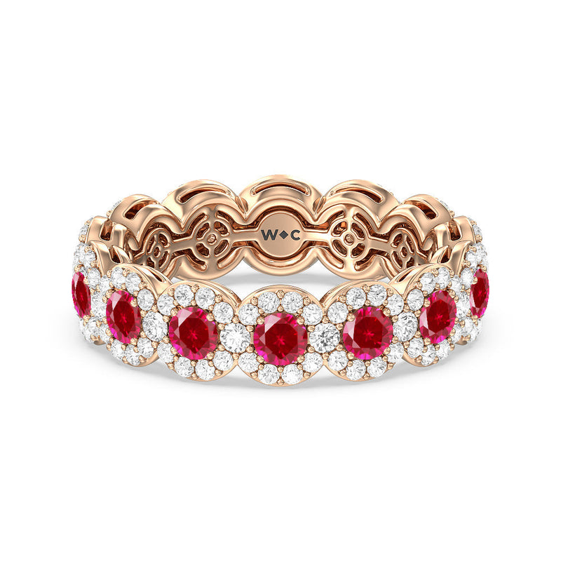 Created Ruby Round Halo Eternity Ring