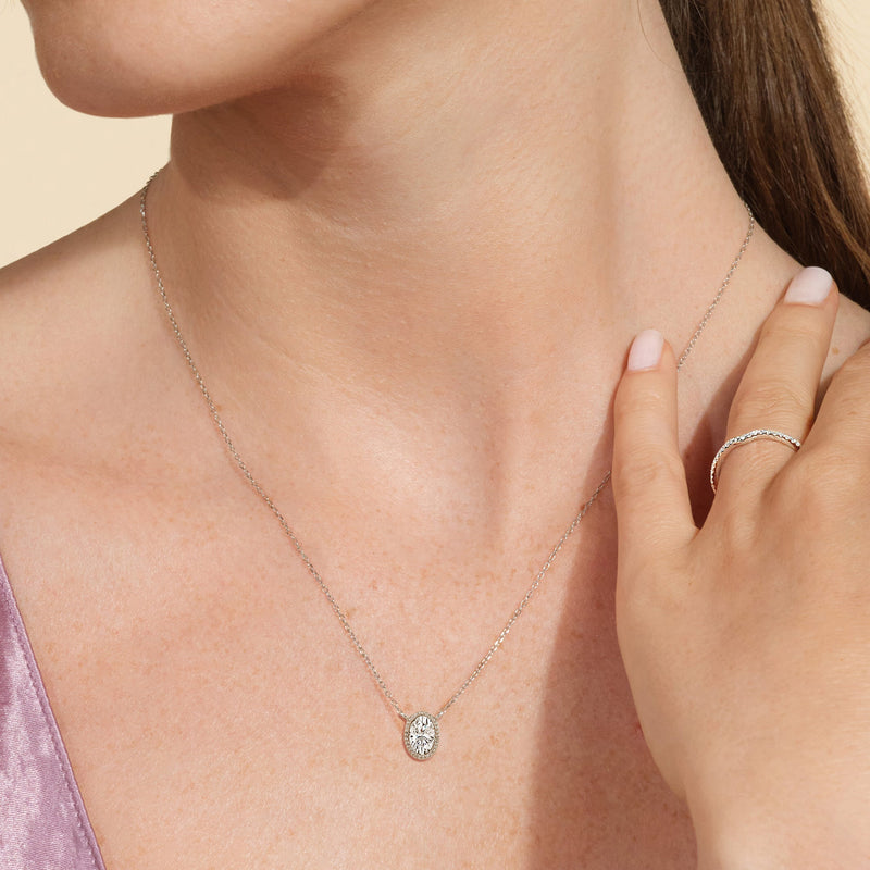 Milgrain Bezel Set Oval Lab Created Diamond Solitaire Necklace